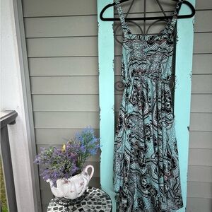 Summer autumn dress paisley turquoise asymmetric midi length